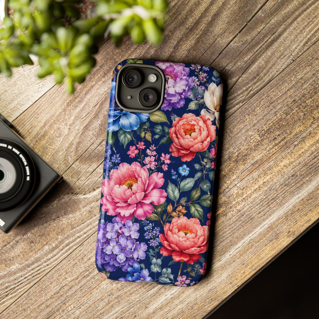 Floral Tough Phone Case – Vibrant Garden Flowers on Navy