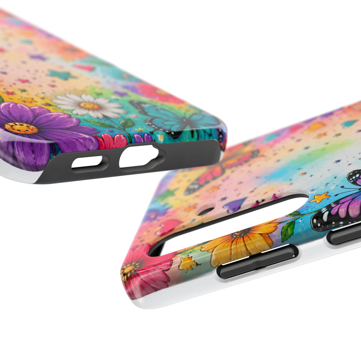 Colorful Butterflies and Flowers Tough Phone Case | Rainbow Hearts Stars