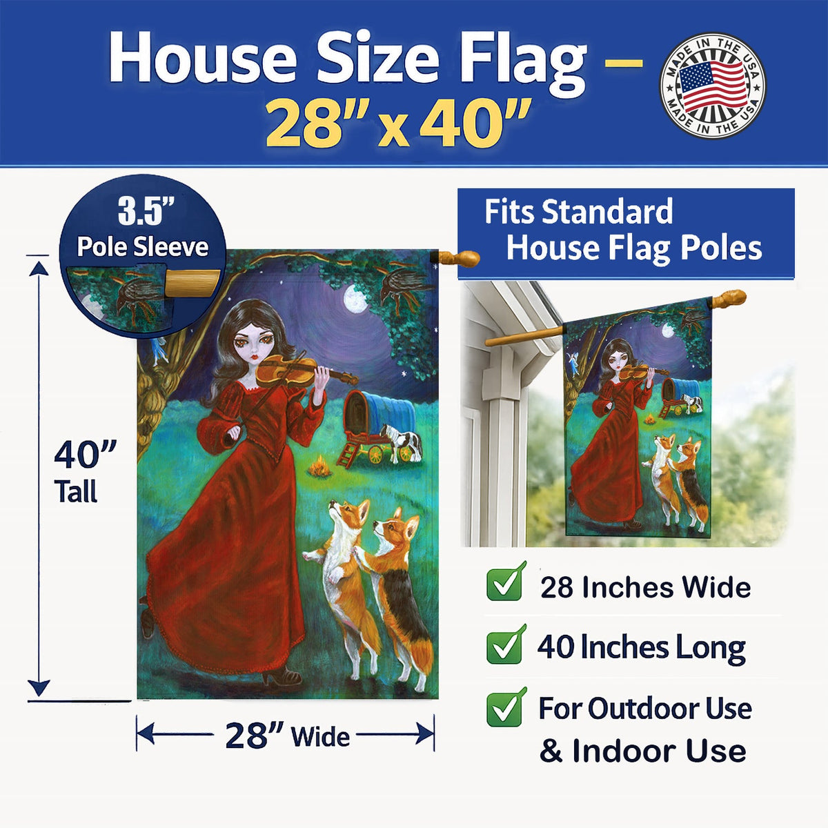 Fairy Moon Dance with Corgi House Flag 28x40 Porch Sleeve Pole Decorative Outside Yard Banner Artwork Wall Hanging, Polyester