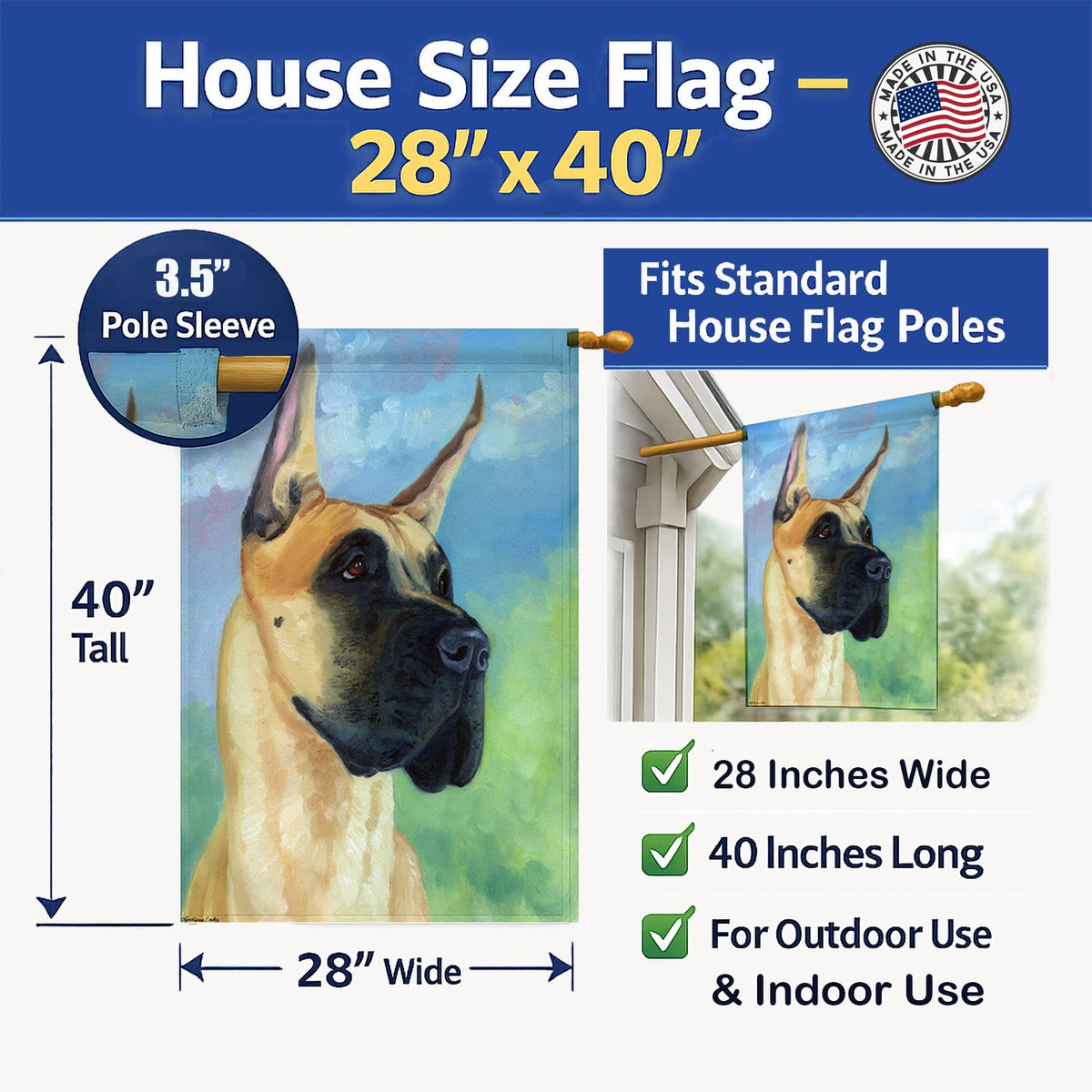 Great Dane Apollo the Great House Flag 28x40 Porch Sleeve Pole Decorative Outside Yard Banner Artwork Wall Hanging, Polyester