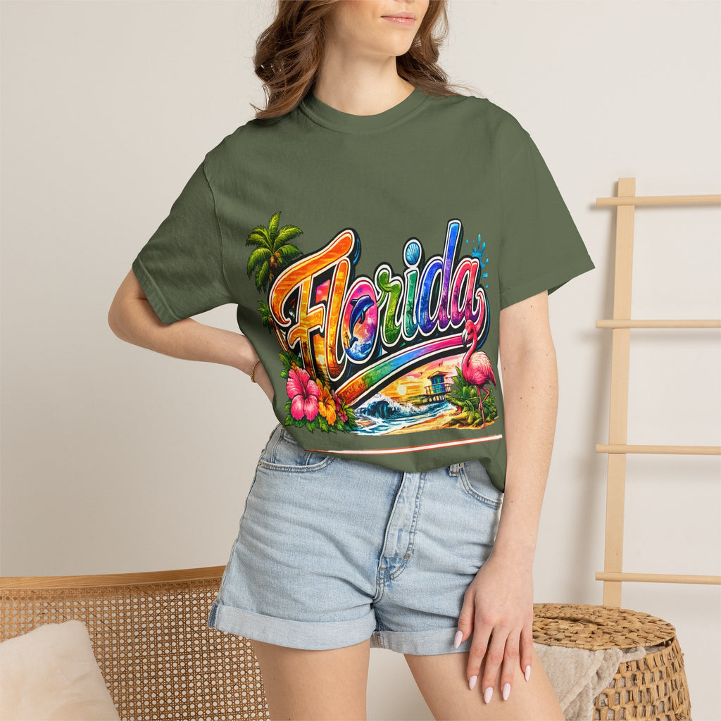 Florida Retro Palm Beach Sunset T-Shirt | Flamingo Hibiscus