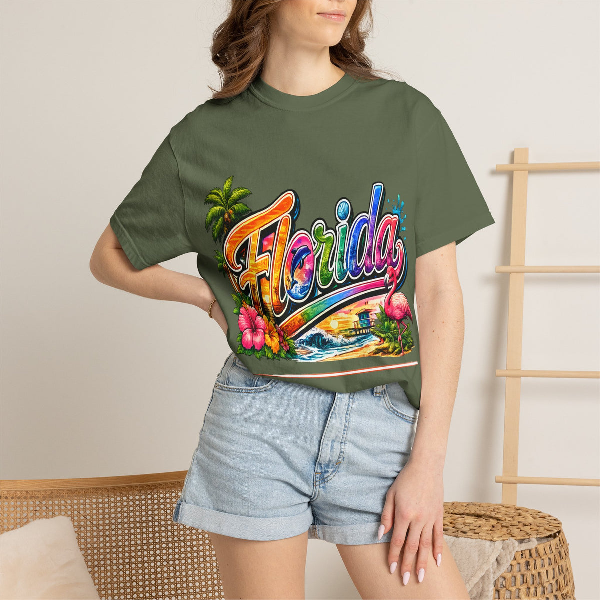 Florida Retro Palm Beach Sunset T-Shirt | Flamingo Hibiscus