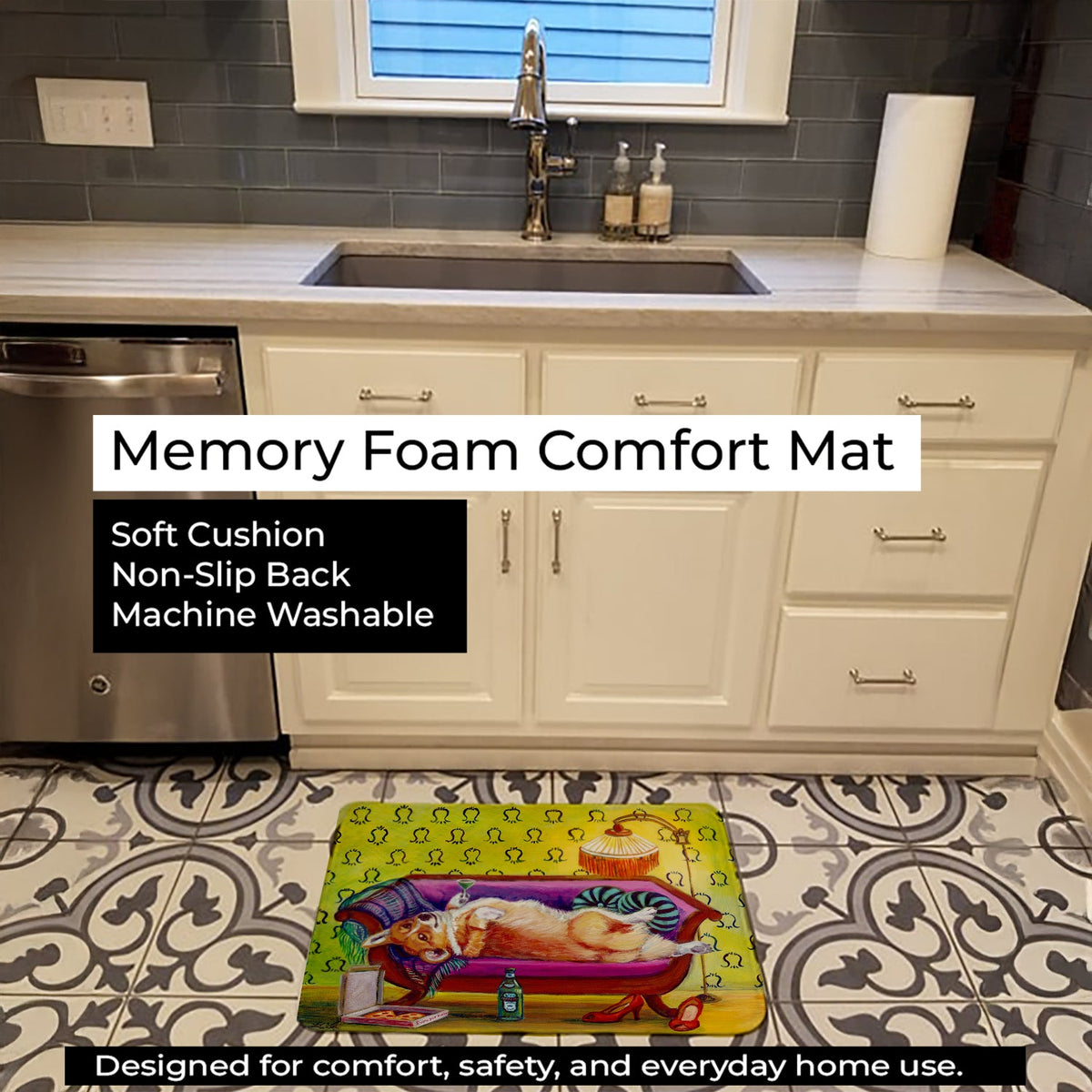 Corgi Home Alone Memory Foam Kitchen Mat Machine Washable Anti-Fatigue Cushion Comfort Bath or Kitchen Rug