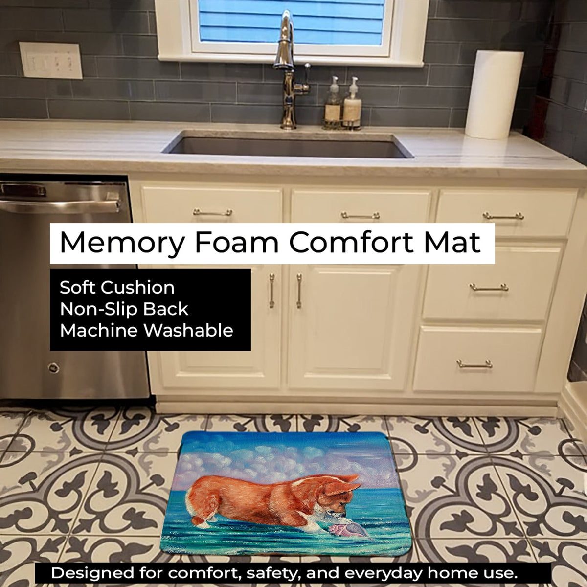 Corgi Sea Shell Find Memory Foam Kitchen Mat Machine Washable Anti-Fatigue Cushion Comfort Bath or Kitchen Rug