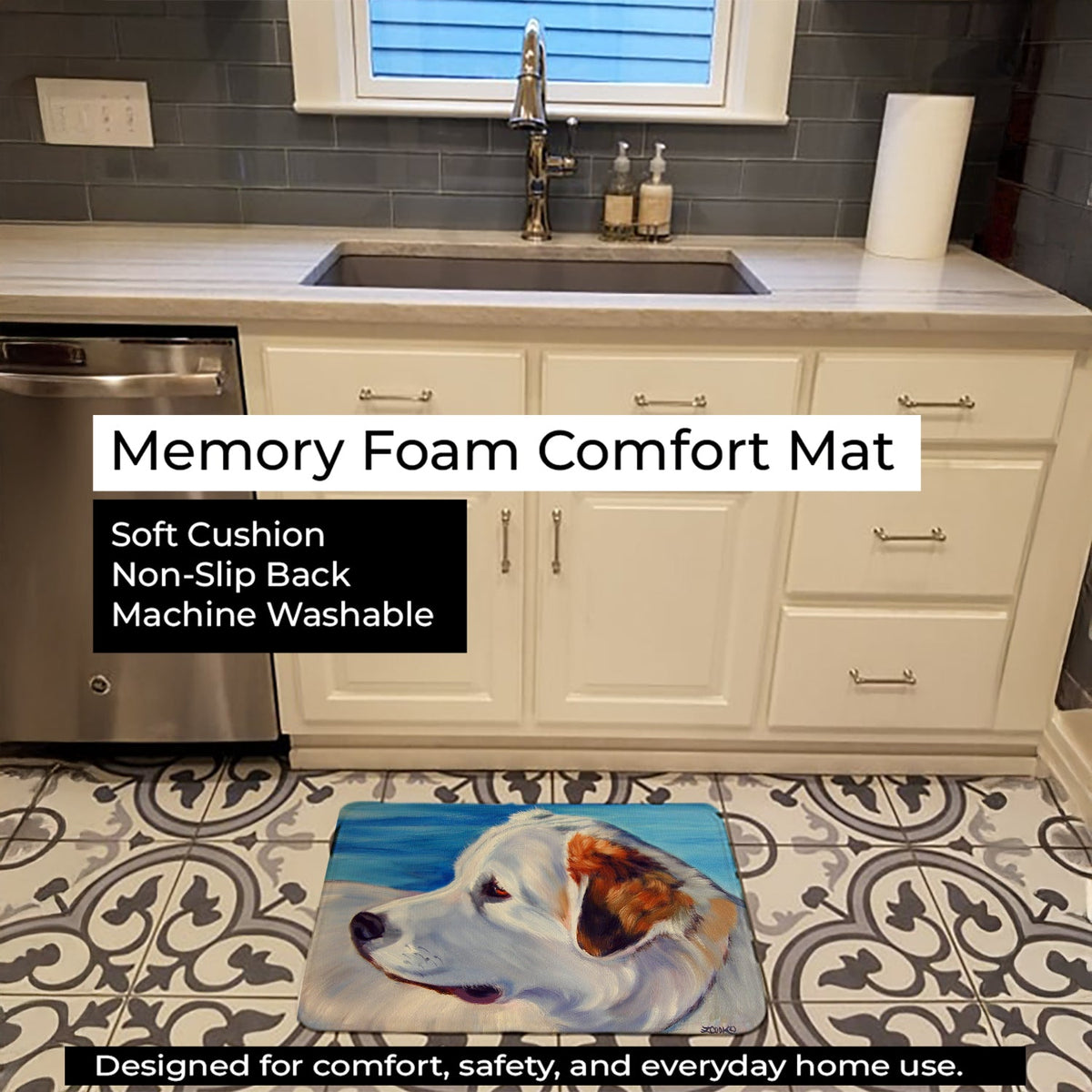 Great Pyrenees at the Beach Memory Foam Kitchen Mat Machine Washable Anti-Fatigue Cushion Comfort Bath or Kitchen Rug