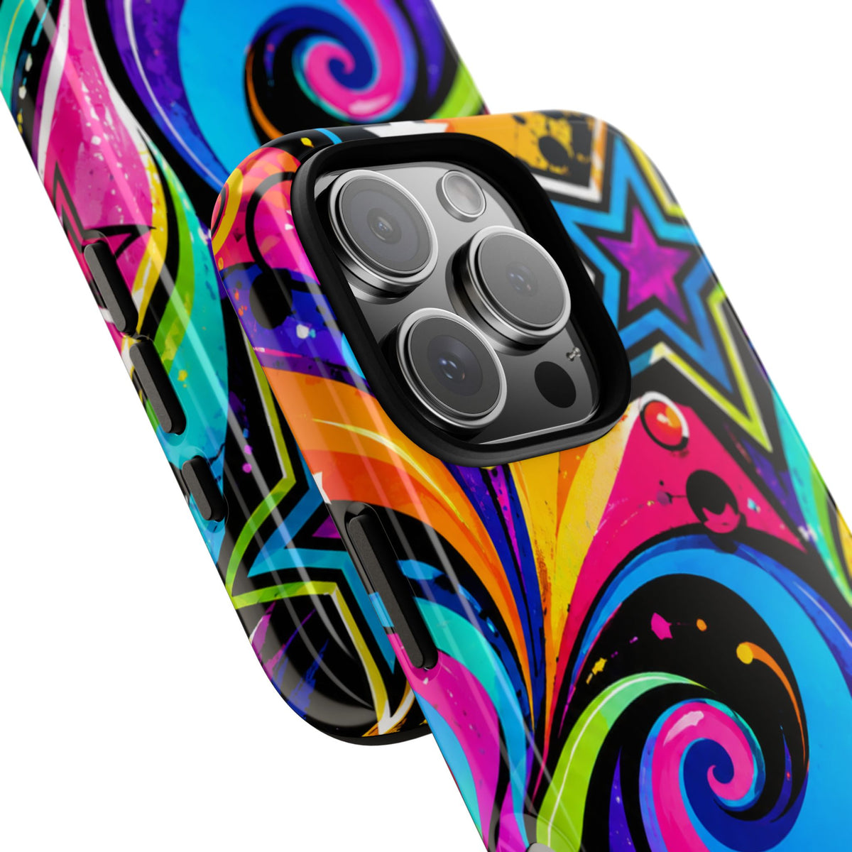 Psychedelic Swirl Phone Case — Bold Retro Stars & Neon Pop Art Tough Case