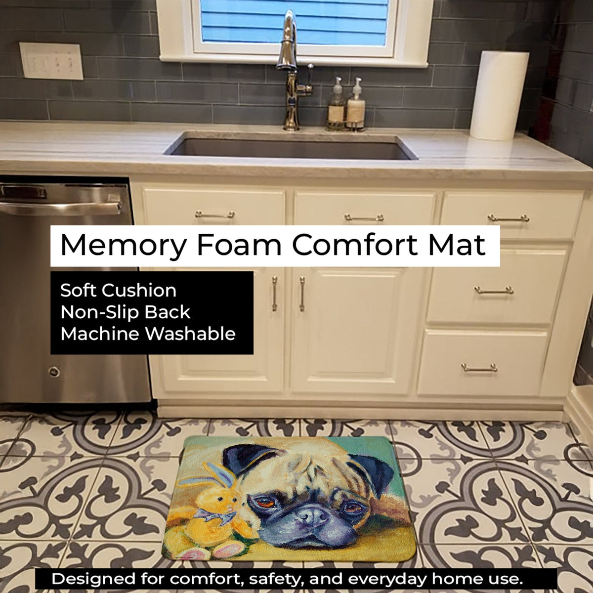 Pug Bunny Rabbit Memory Foam Kitchen Mat Machine Washable Anti-Fatigue Cushion Comfort Bath or Kitchen Rug