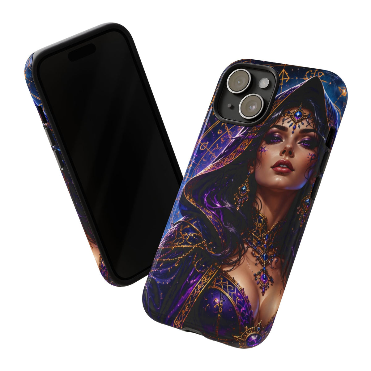 Phone Case — Mystical Sorceress Art Protective Tough Case (Astrology, Purple Hooded Witch)