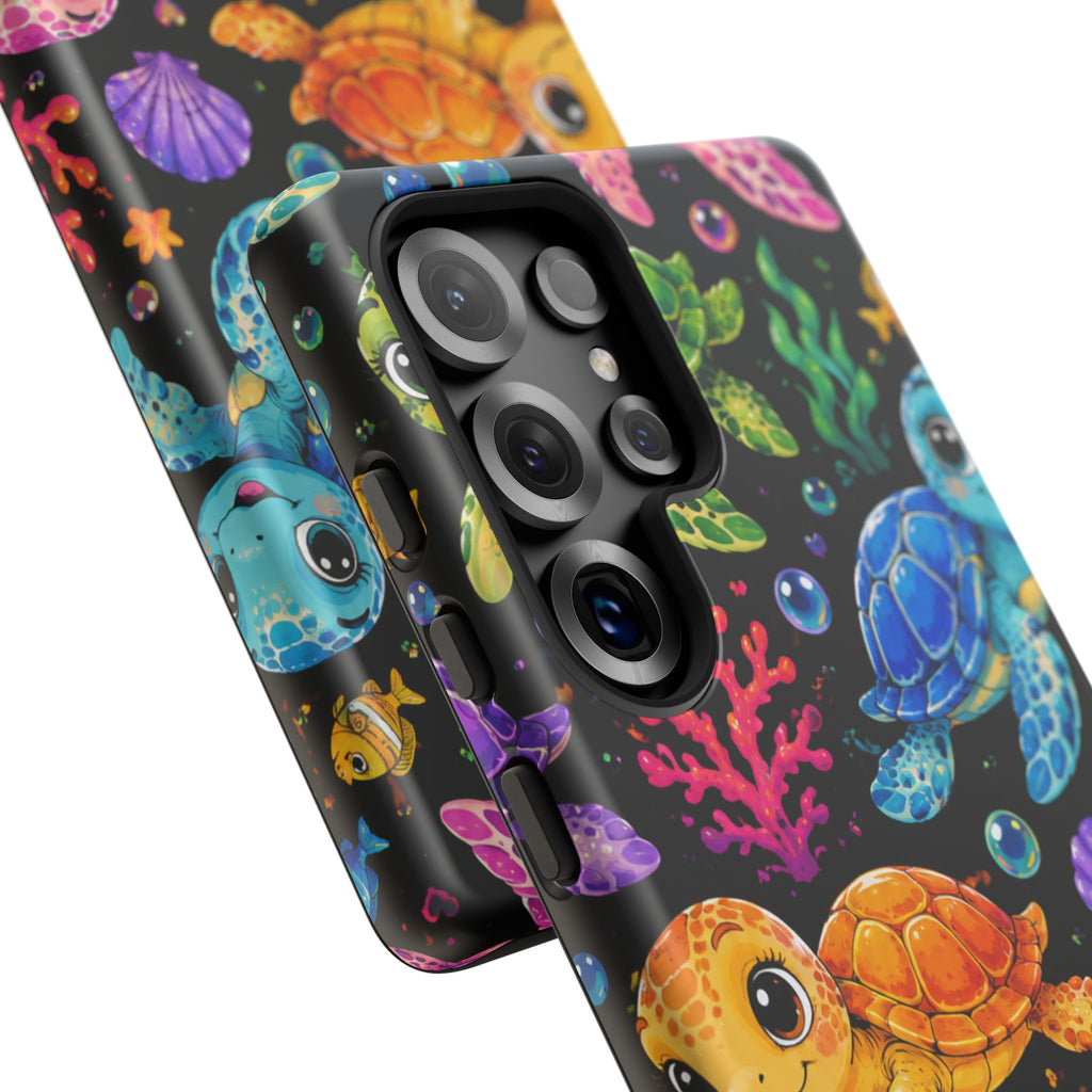 Phone Case — Colorful Cute Sea Turtles on Black (Protective Smartphone Cover)