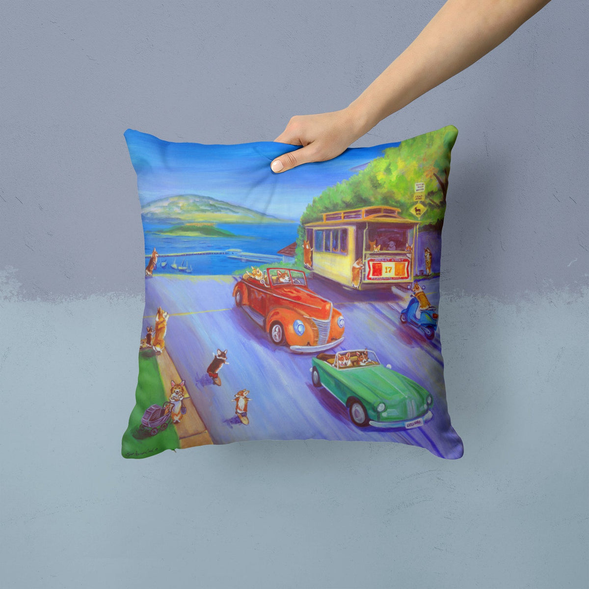 Corgi Hyde Park Decorative Throw Pillow 14x14 Indoor Outdoor Accent Cushion, Fabric Cover with Insert for Sofa, Bed, Porch & Living Room