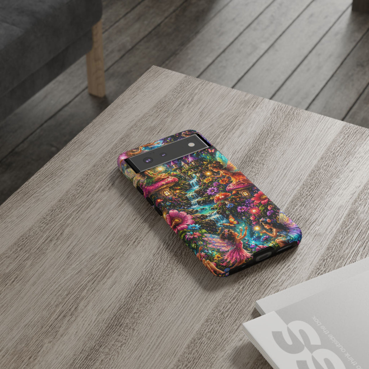 Fairy Garden Tough Phone Case — Whimsical Cottage, Waterfall & Mushroom Artwork