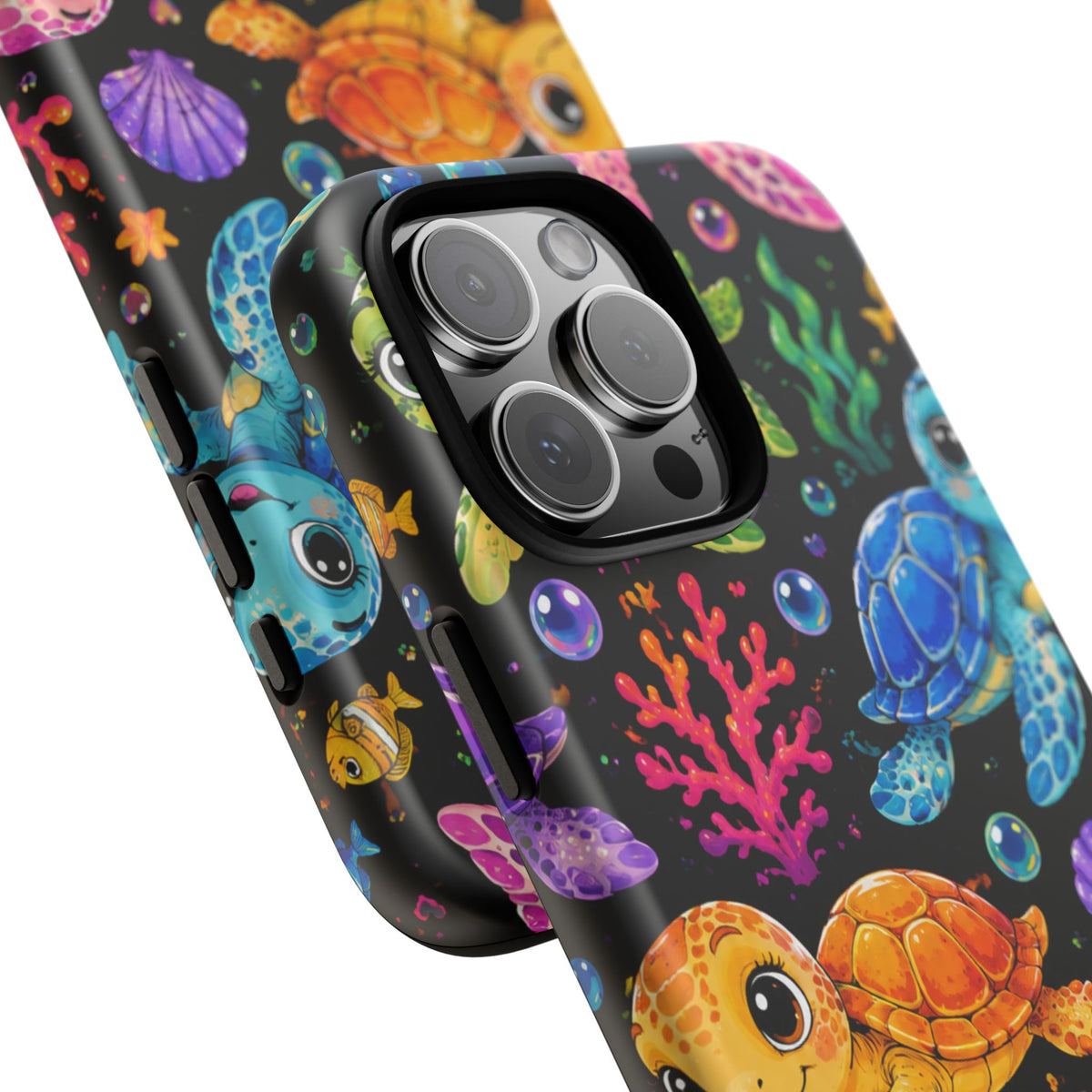 Phone Case — Colorful Cute Sea Turtles on Black (Protective Smartphone Cover)