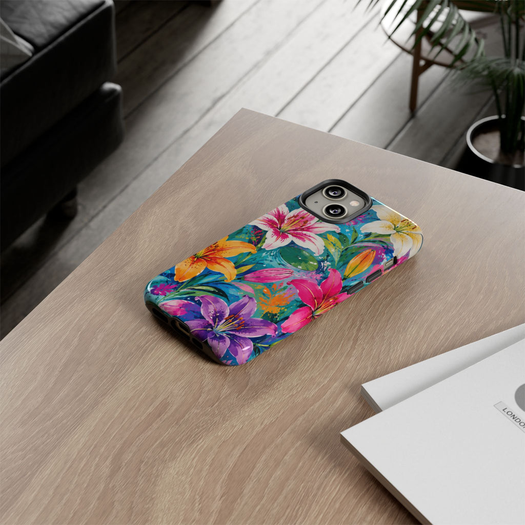 Floral Lily Tough Phone Case — Colorful Tropical Flower Protective Cover