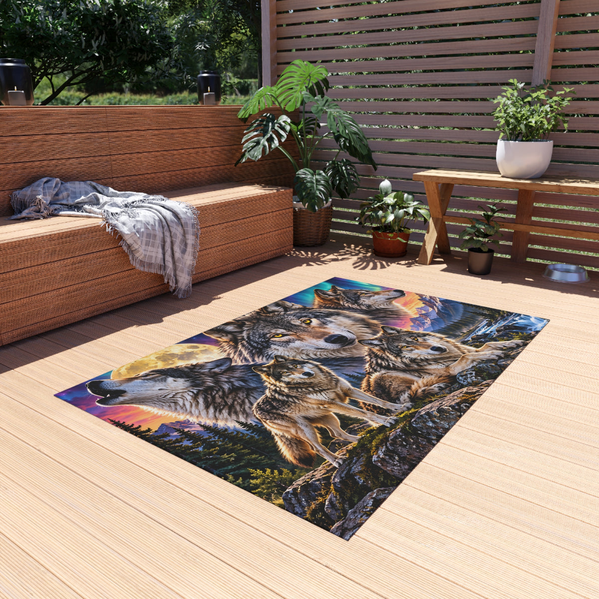 Wolf Pack Outdoor Rug — Scenic Mountain & Northern Lights Design