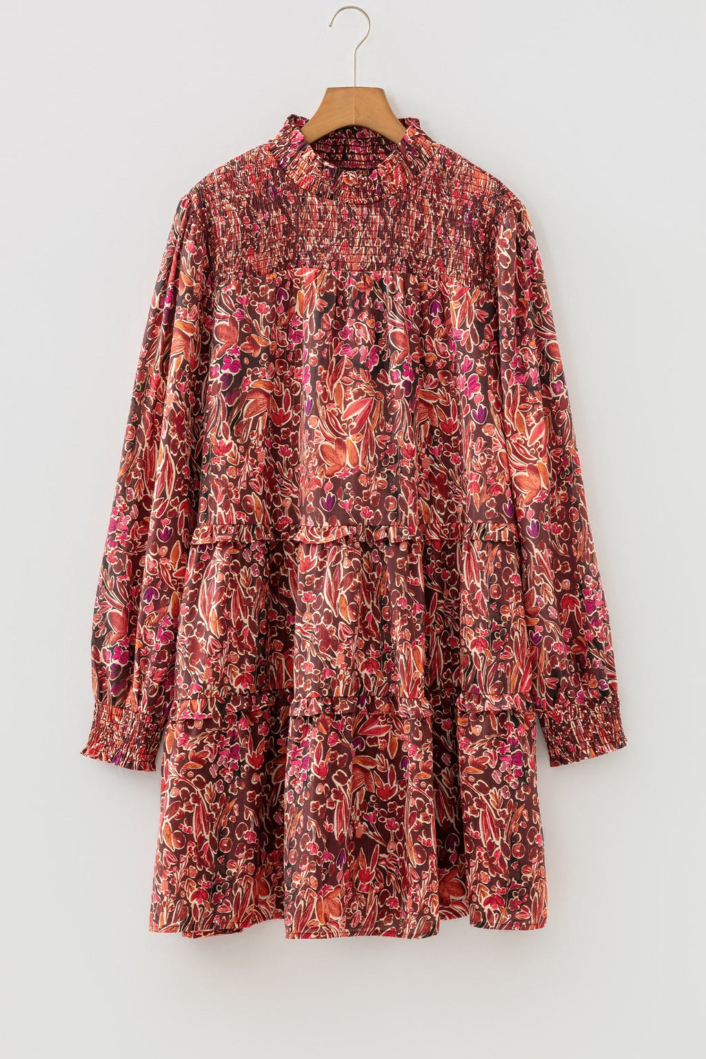 Floral Shirred Mock Neck Long Sleeve Mini Dress