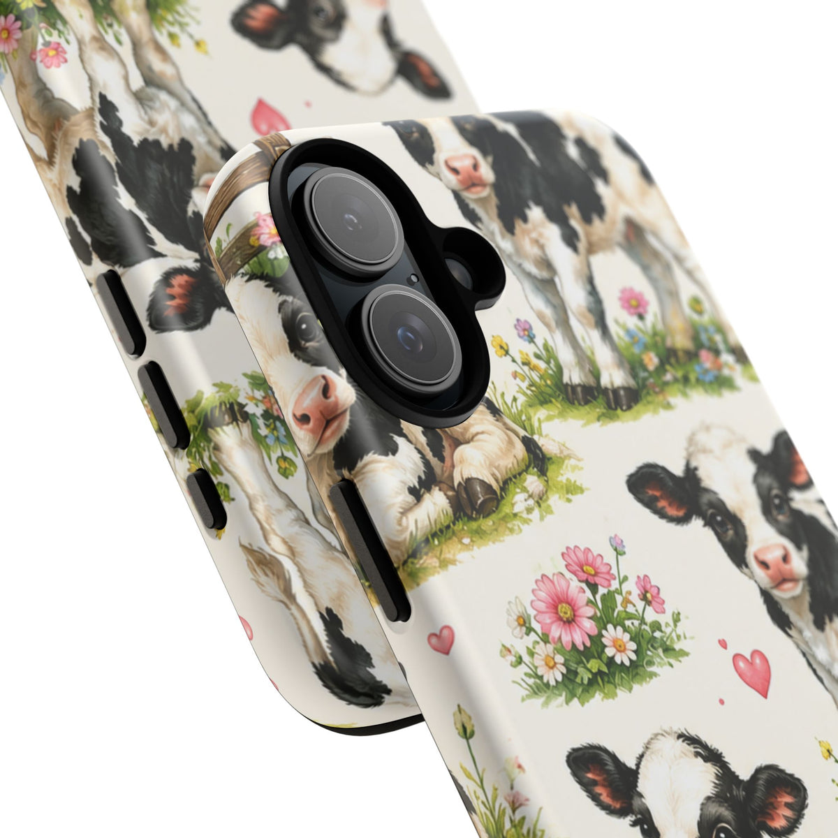 Cute Calf Pattern Phone Case – Pastel Cow Hearts & Flowers Protective Cover