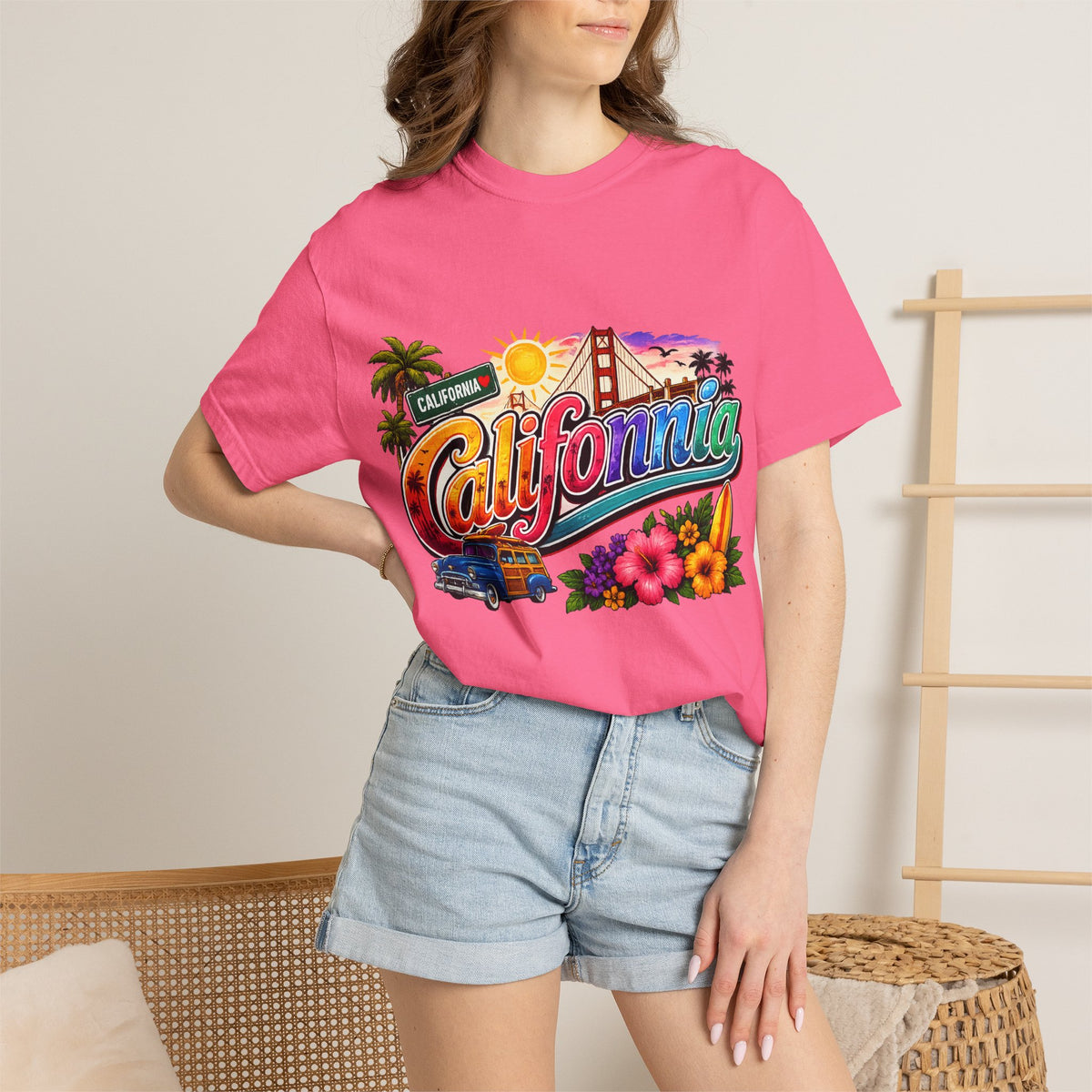 California Retro Sunset T-shirt | Golden Gate, Palm Trees & Surf