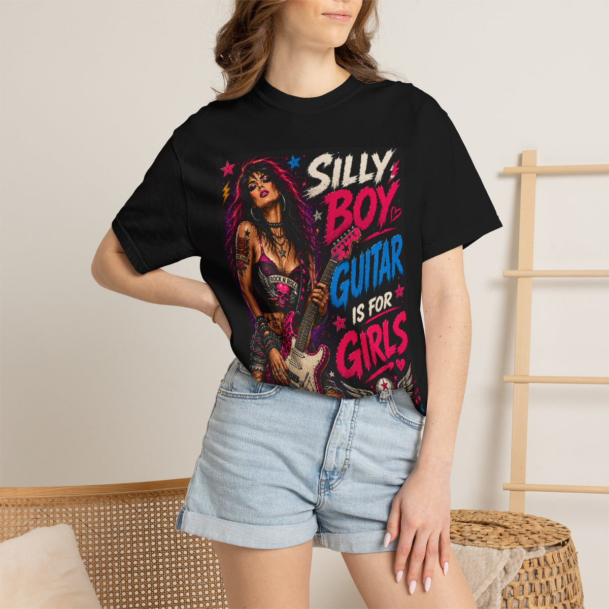 Silly Boy Guitar Is For Girls T-shirt | Rocker Pinup Design