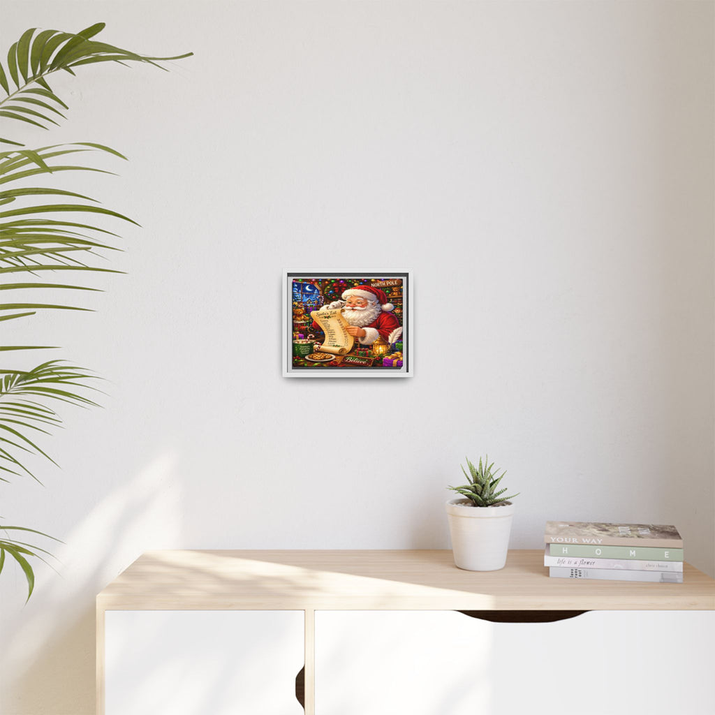 Santa Reading Wish List Matte Framed Canvas — Christmas Holiday Wall Art