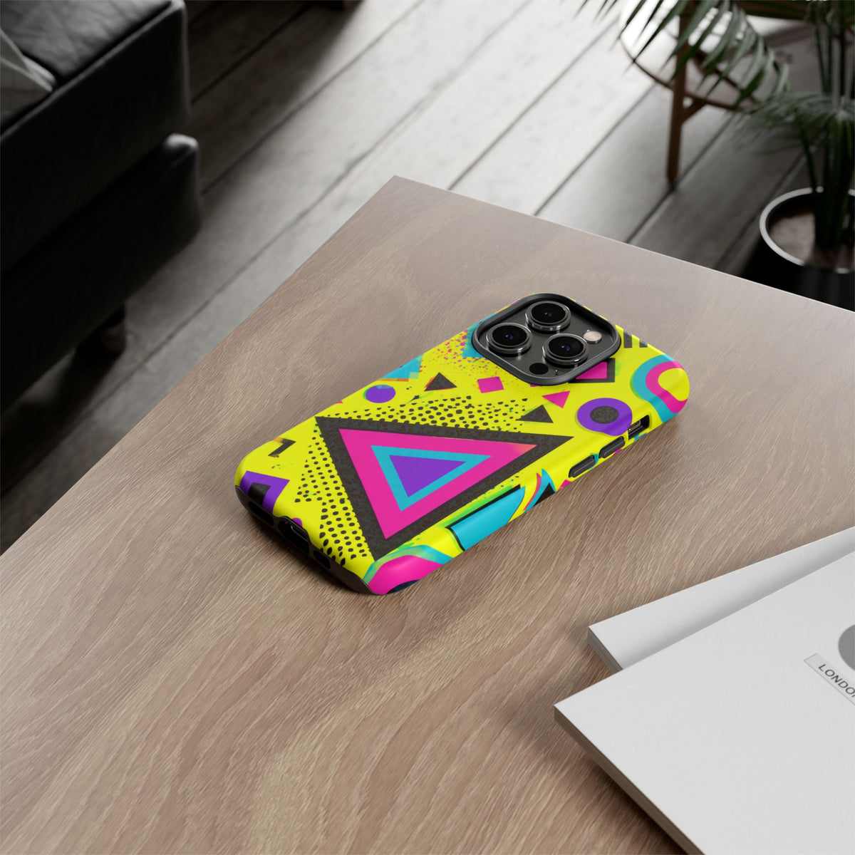 Retro 80s Geometric Phone Case — Neon Memphis Triangle Design