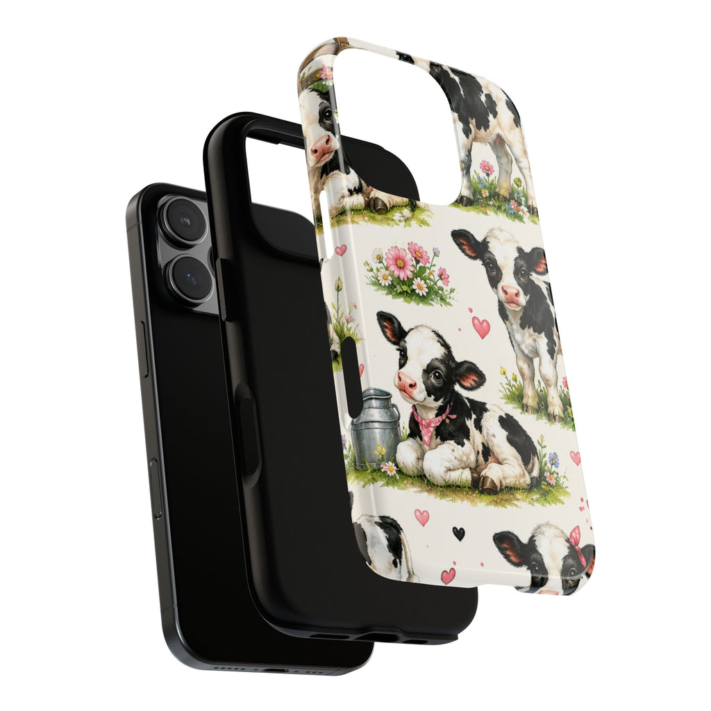Cute Calf Pattern Phone Case – Pastel Cow Hearts & Flowers Protective Cover
