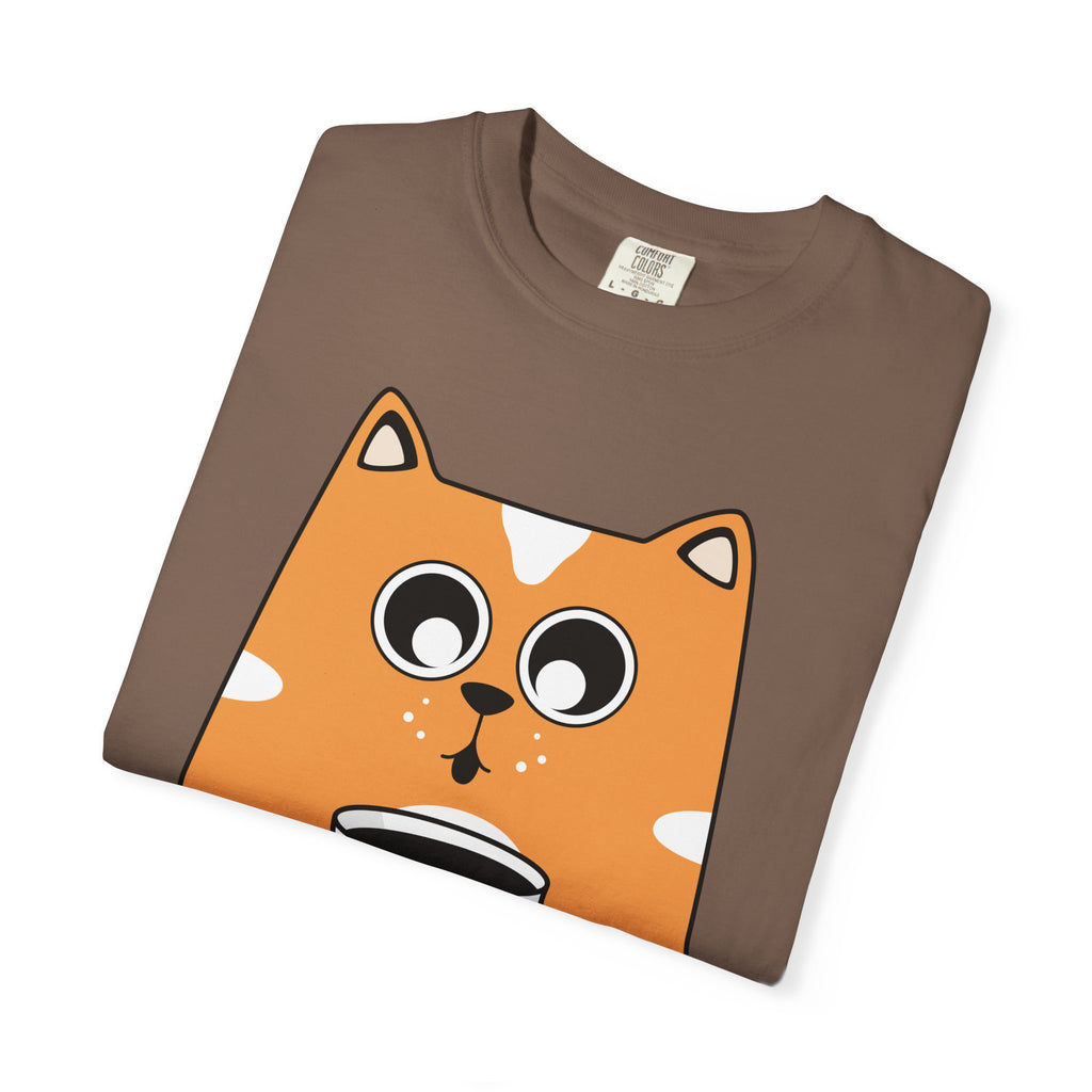 Coffee Cat T-Shirt — Cute Cat Holding Coffee Mug, “My morning doesn’t start until the coffee clocks in” Tee