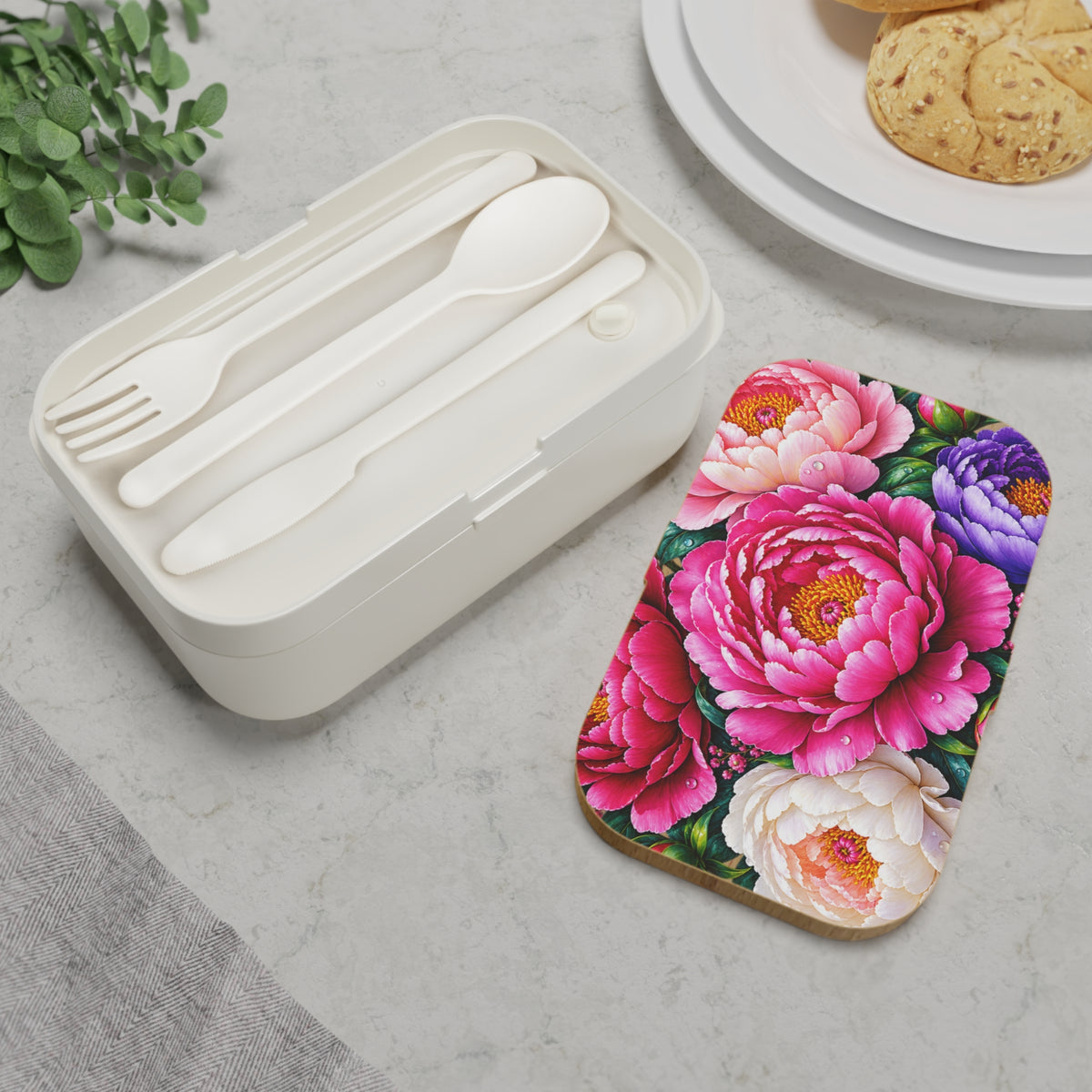 Floral Peony Bento Lunch Box — Compact Japanese-Style Lunchbox with Colorful Peony Design