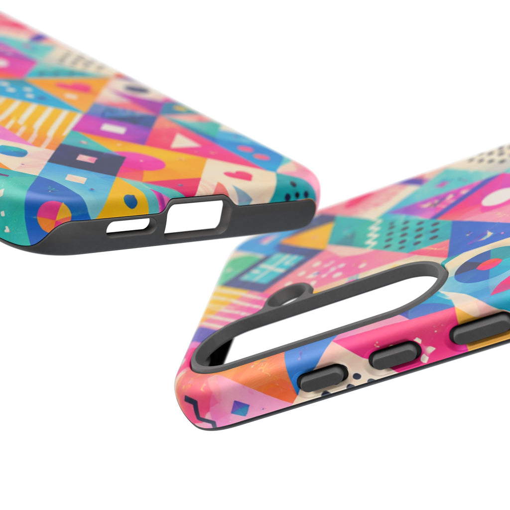 Colorful Geometric Tough Phone Case — Bright Abstract Heart & Triangle Pattern