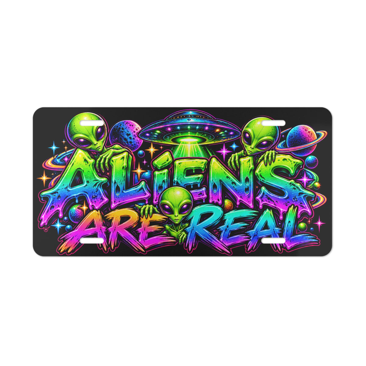 Aliens Are Real Vanity Plate — Neon UFO License Tag