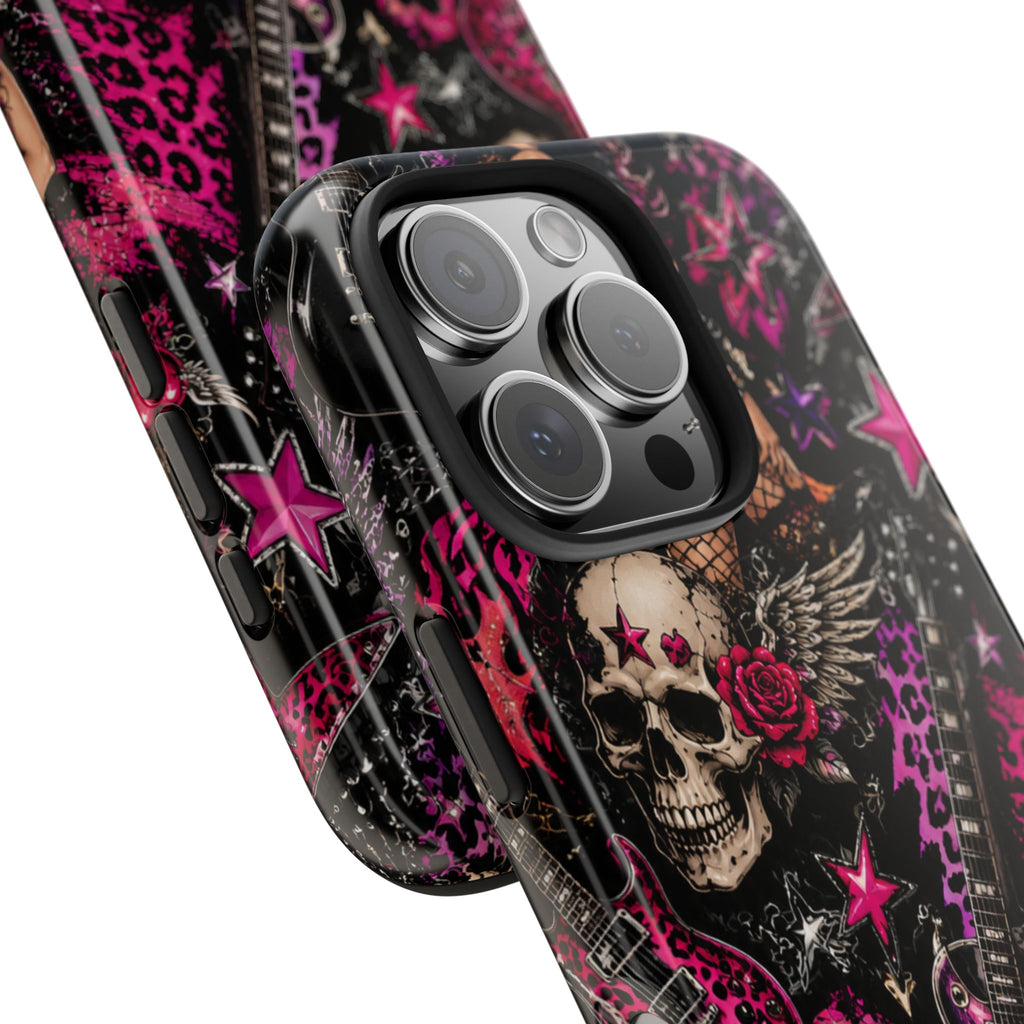 Rock Skull Guitar Phone Case — Edgy Pink Skull & Roses Tough Phone Case