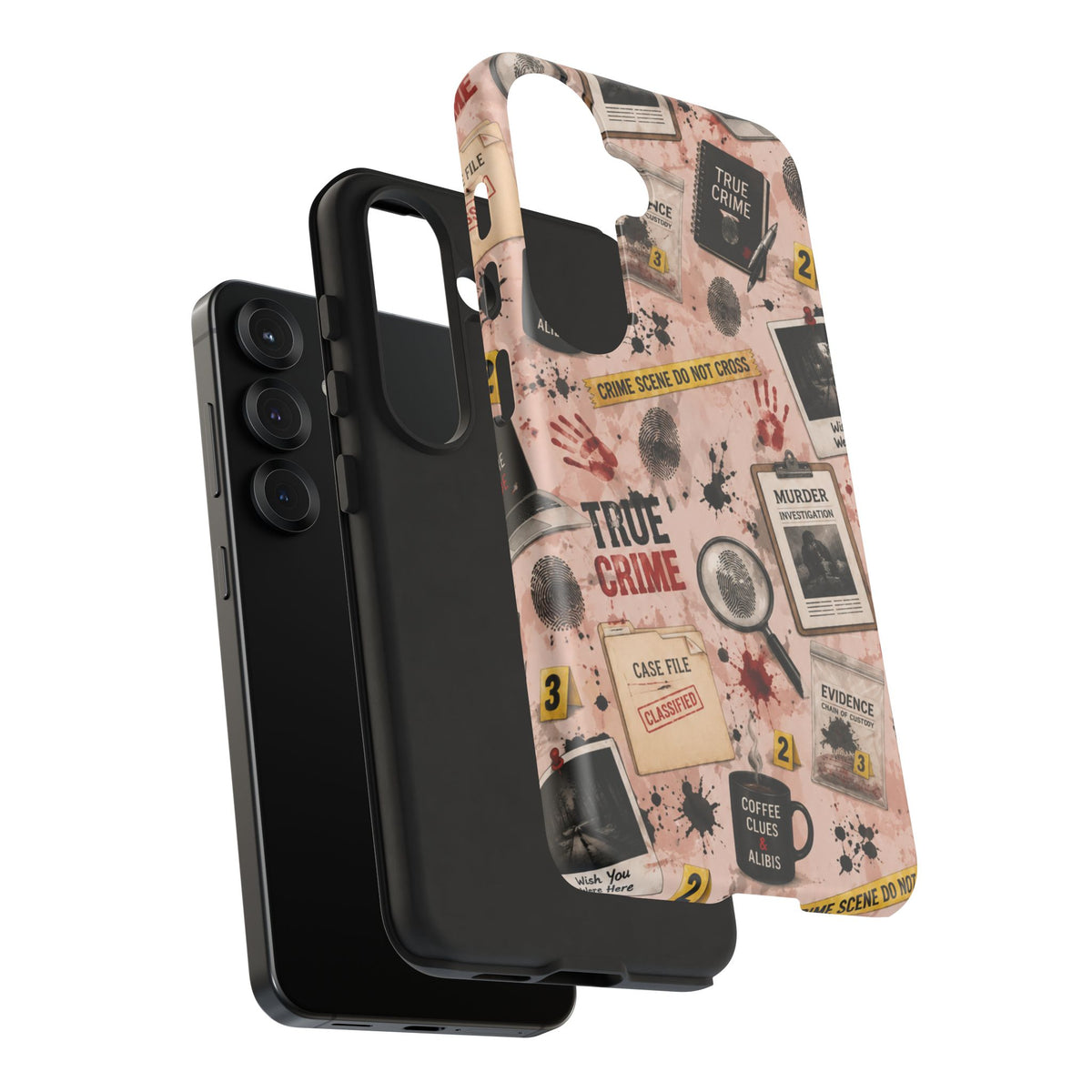 True Crime Pattern Phone Case – Detective Evidence, Crime Scene Tape & 'True Crime' Design