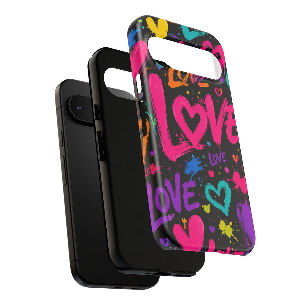 Phone Case — Neon Graffiti "Love" Hearts Protective Tough Case