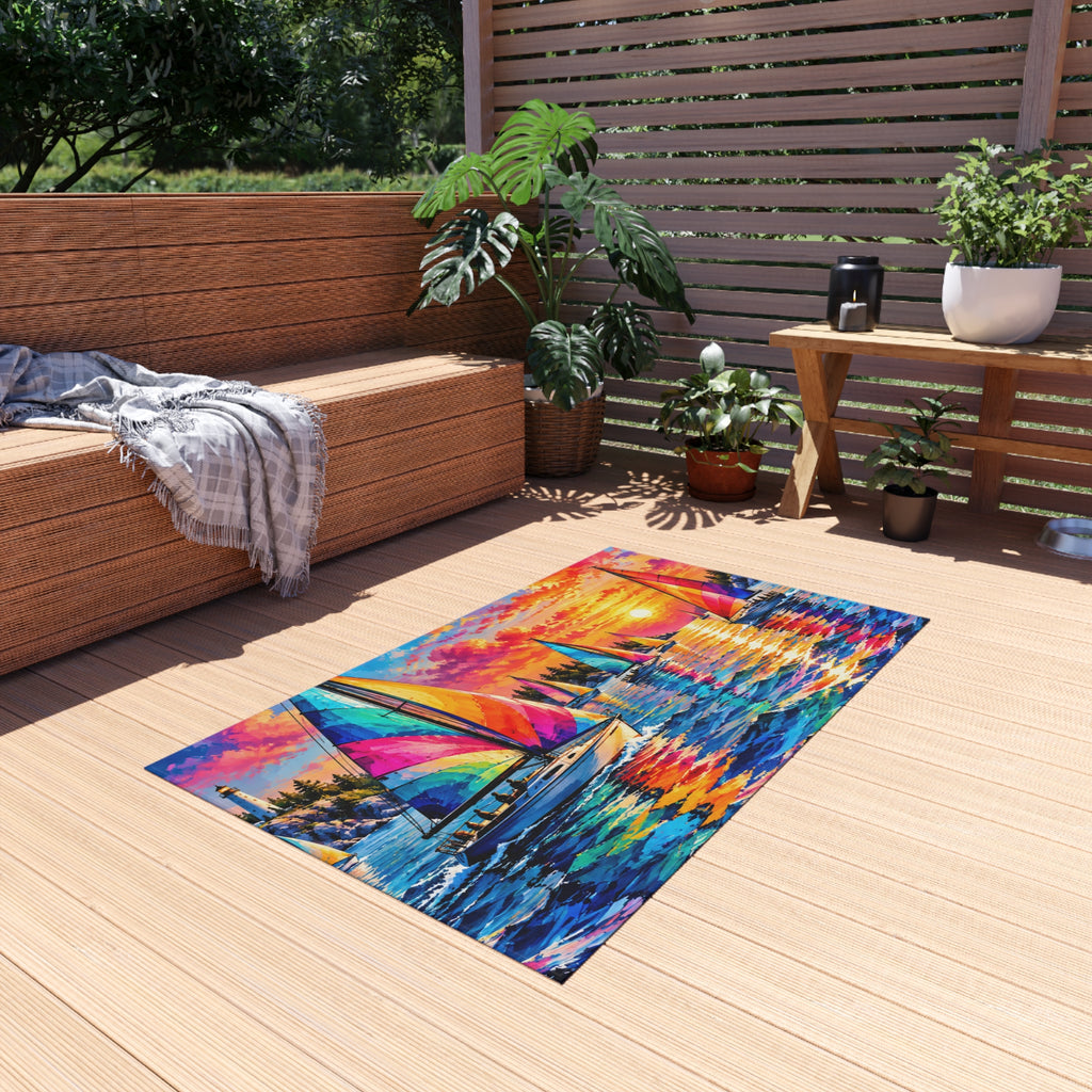 Sailboat Sunset Outdoor Rug — Colorful Nautical Patio Mat