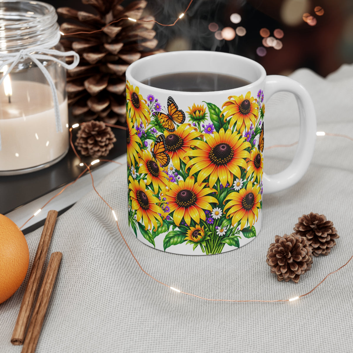Sunflower Bouquet Mug — Bright Floral Coffee Cup with Butterflies