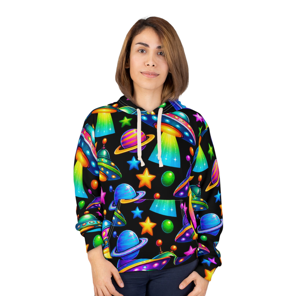 Neon UFOs & Planets Hoodie — All-Over Print Cosmic Alien Pullover