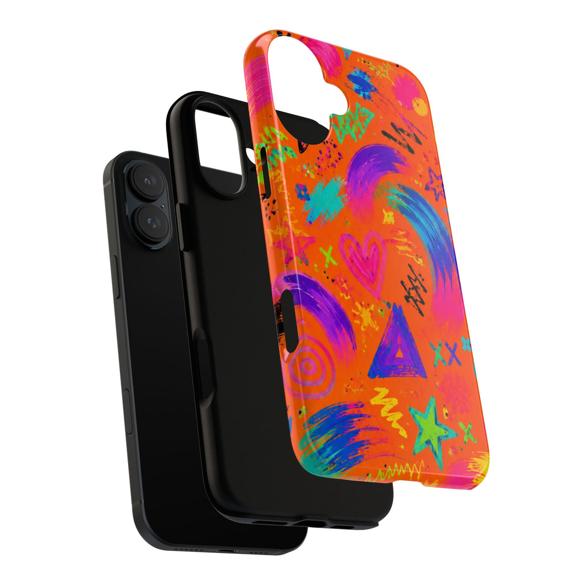 Colorful Neon Doodle Phone Case — Bright Abstract Stars & Hearts Tough Case