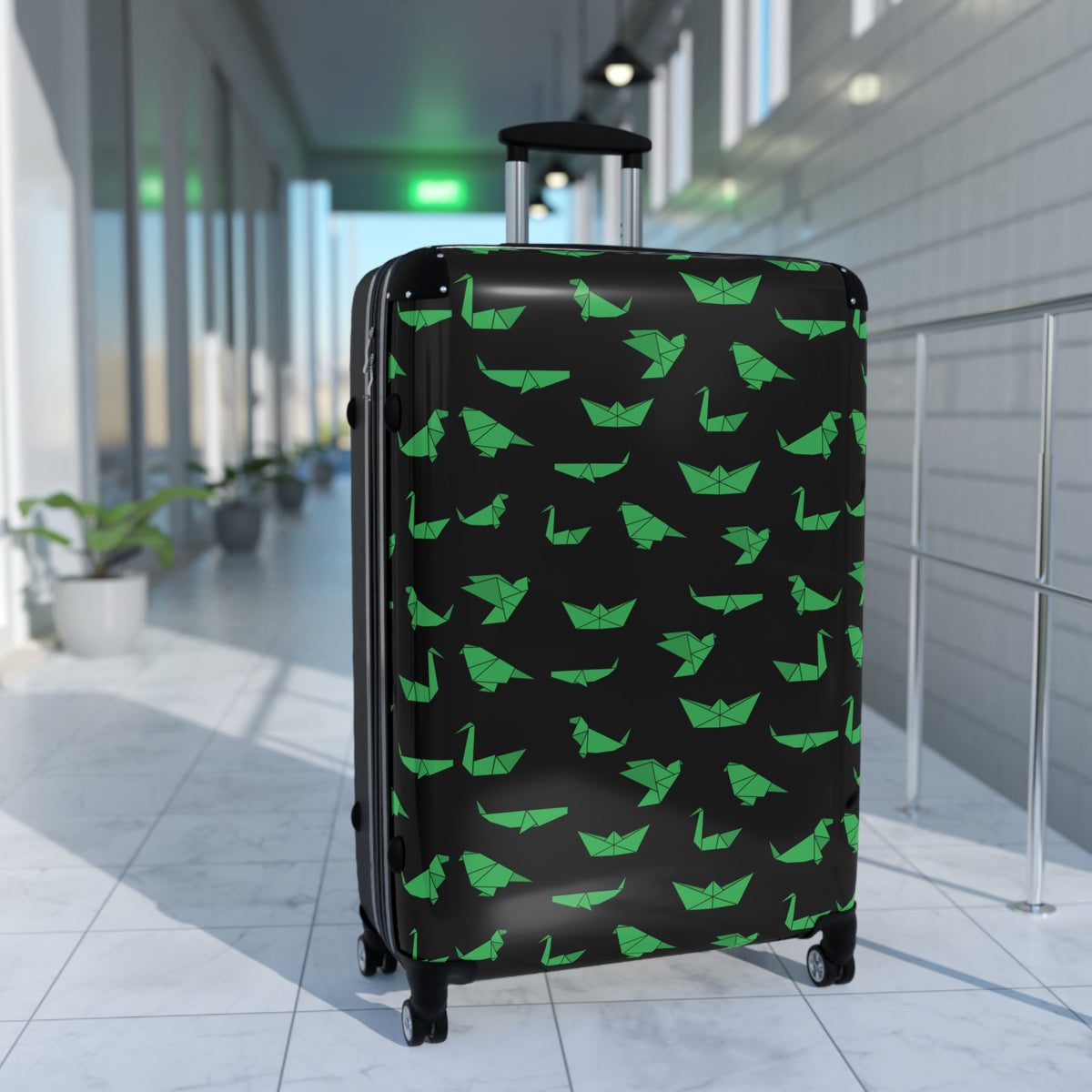 Green Paper Boat Pattern Suitcase — Lightweight Travel Luggage with Origami Boats