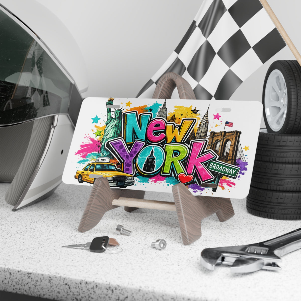 New York graffiti skyline Vanity Plate | Statue of Liberty taxi