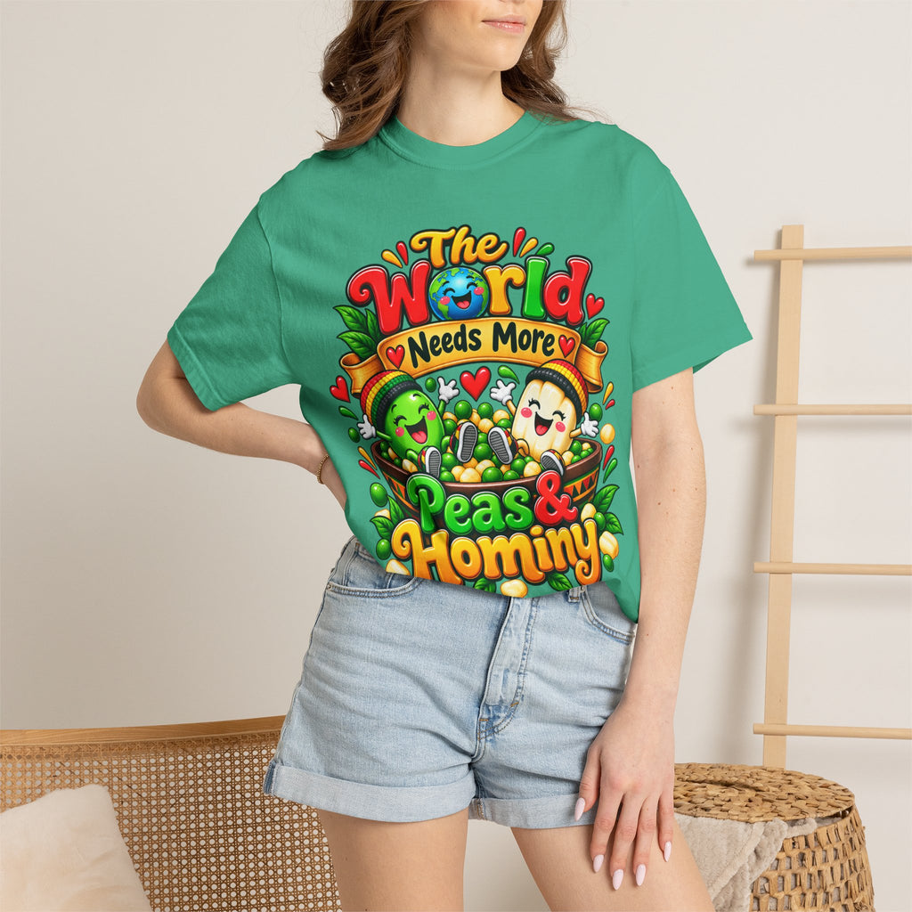 T-Shirt — "The World Needs More Peas & Hominy" Cute Veggie Love Graphic Tee