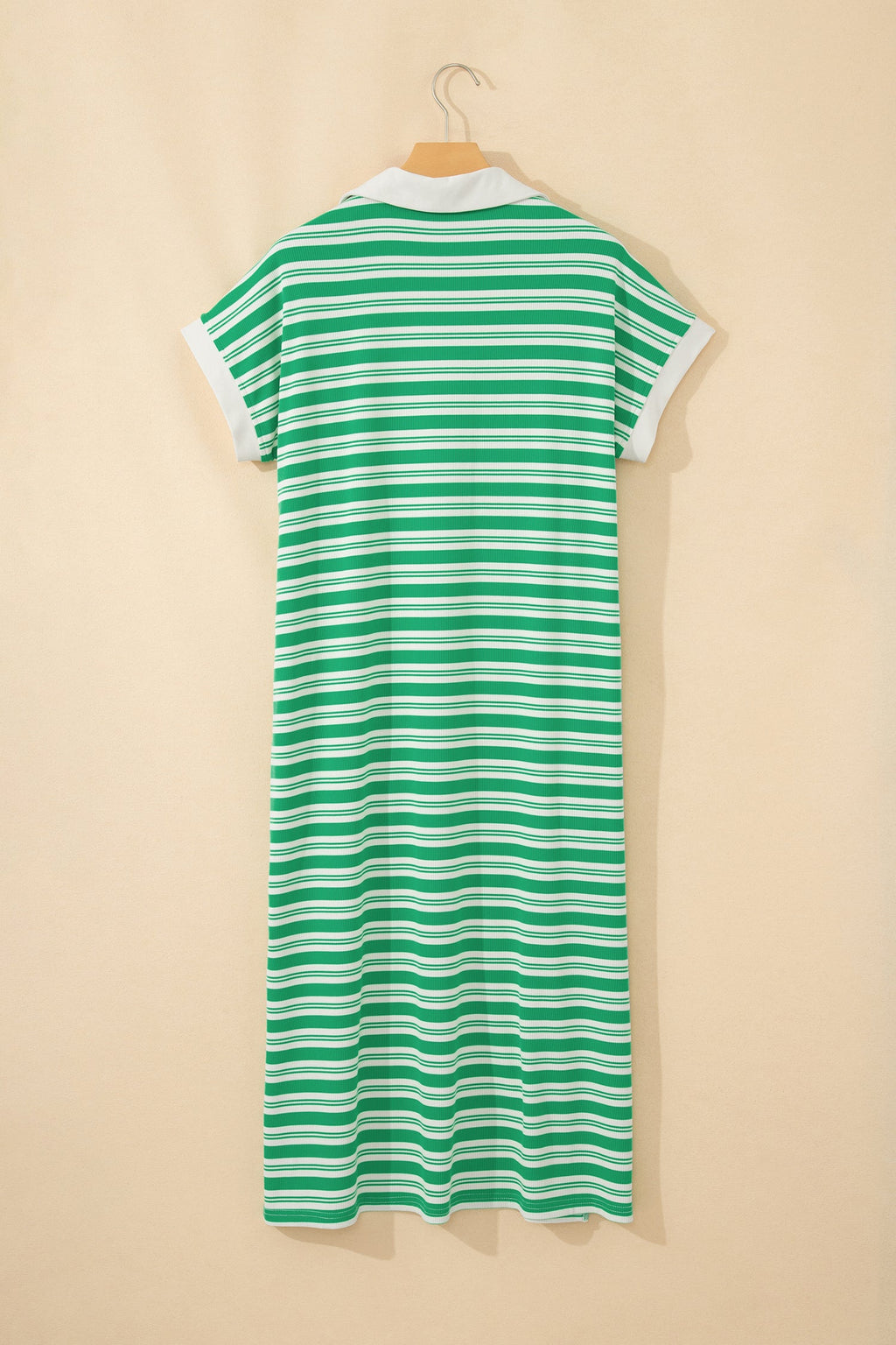 Stripe Collared V-Neck Short Sleeve Midi Dress