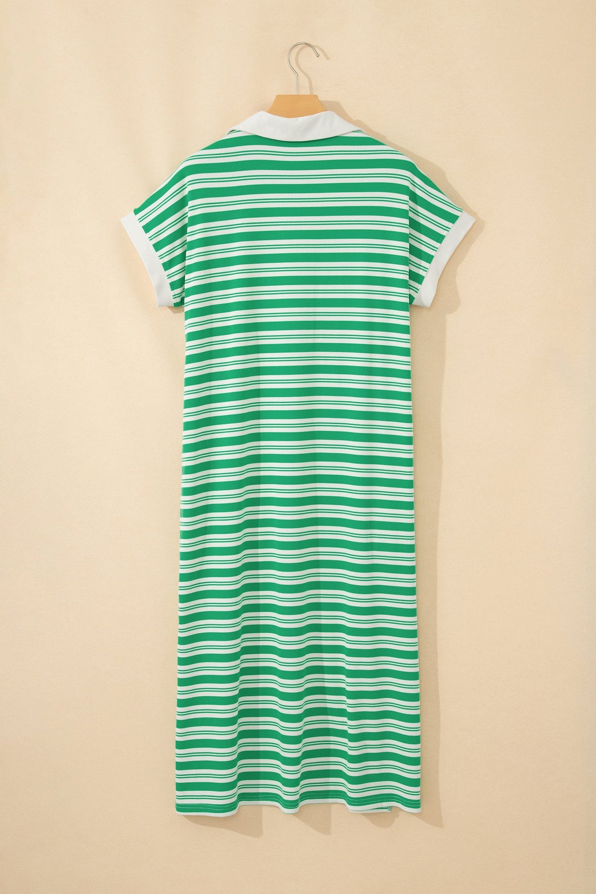 Stripe Collared V-Neck Short Sleeve Midi Dress