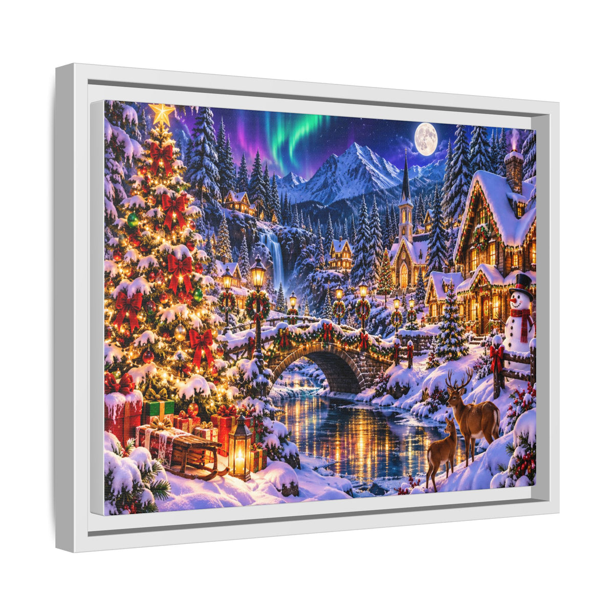 Framed Matte Canvas - Cozy Christmas Village Winter Night Wall Art