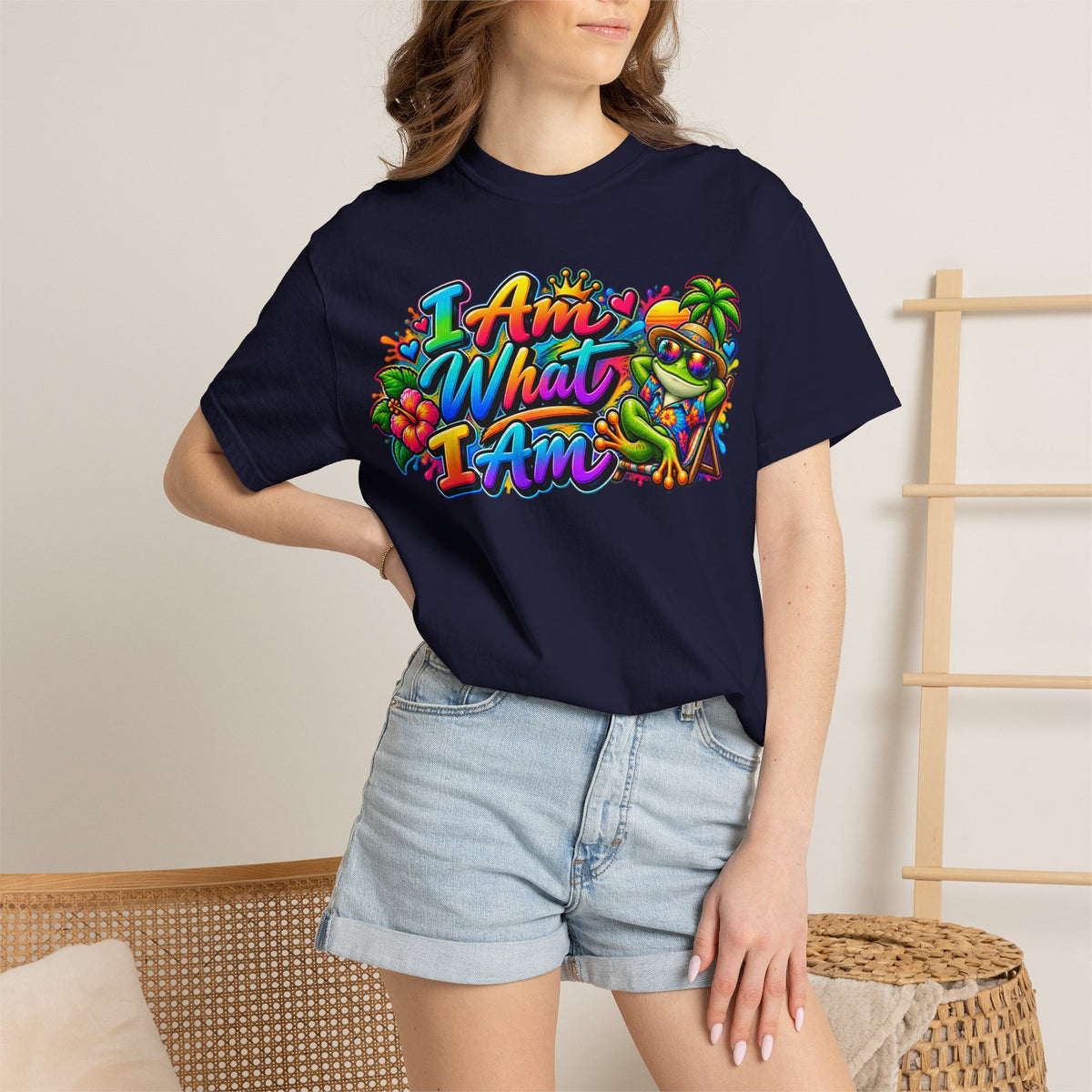 T-Shirt — "I Am What I Am" Colorful Tropical Frog Graphic Tee