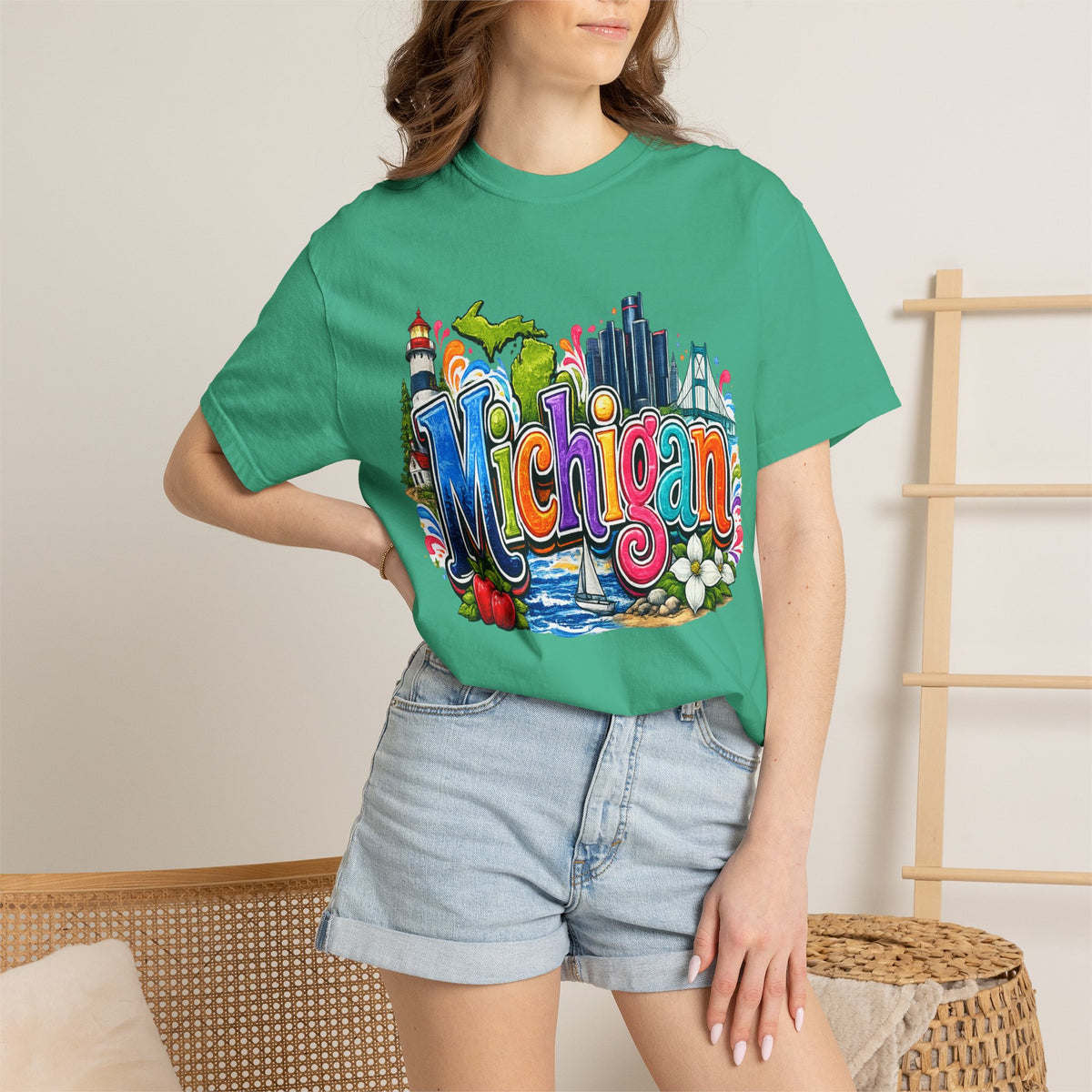 Michigan State Scene T-Shirt | Lighthouse, Skyline, Great Lakes