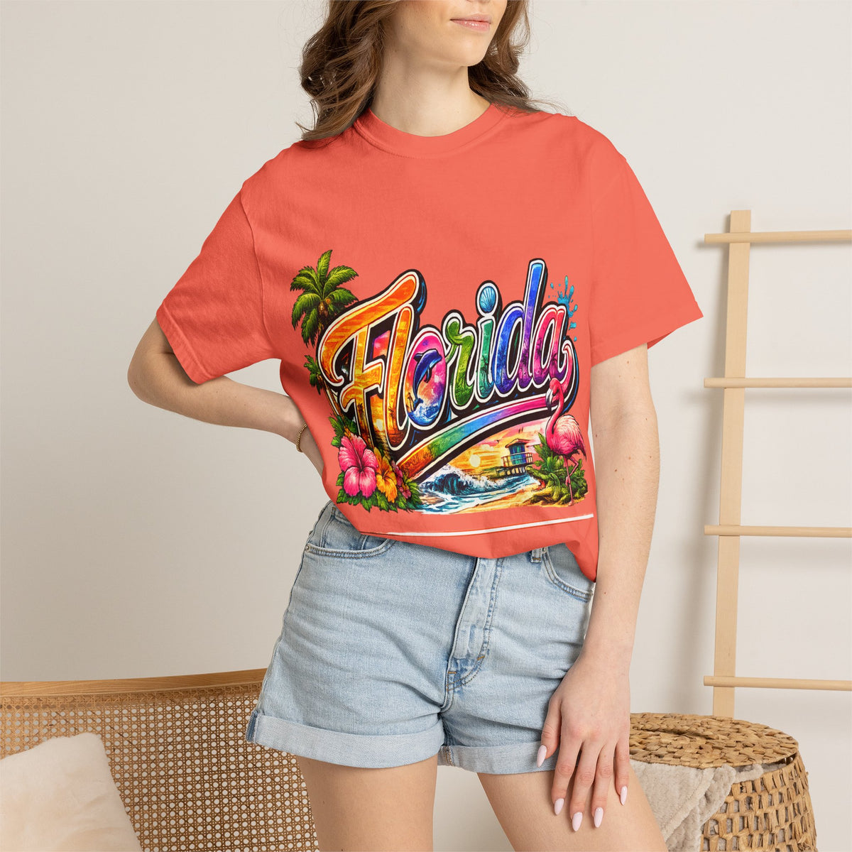 Florida Retro Palm Beach Sunset T-Shirt | Flamingo Hibiscus