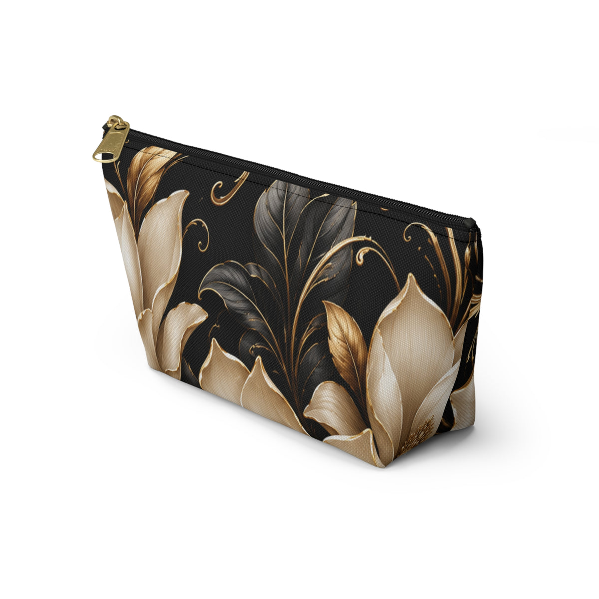 Floral Tapestry Accessory Pouch — Gold & Black Magnolia Makeup Bag