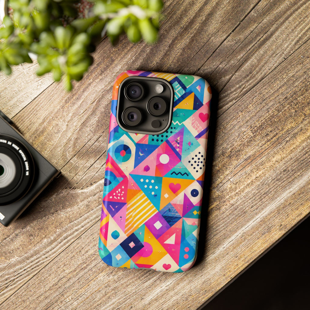 Colorful Geometric Tough Phone Case — Bright Abstract Heart & Triangle Pattern