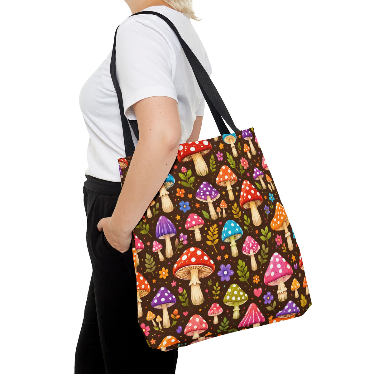 Mushroom Pattern Tote Bag — Colorful Woodland Mushroom All-Over Print Tote
