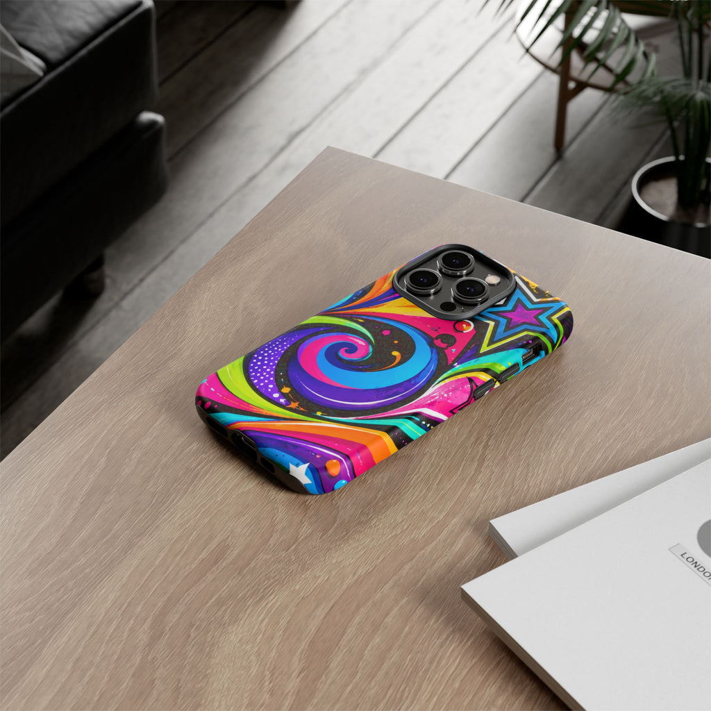 Psychedelic Swirl Phone Case — Bold Retro Stars & Neon Pop Art Tough Case