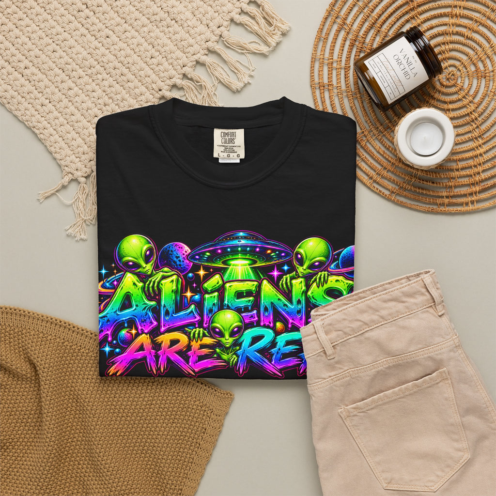 Aliens Are Real Graphic T-Shirt — Neon UFO Alien Tee